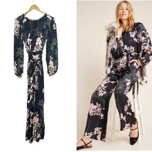 Anthropologie Harlyn Audria Jacquard Floral Black Jumpsuit XS Balloon Sleeve